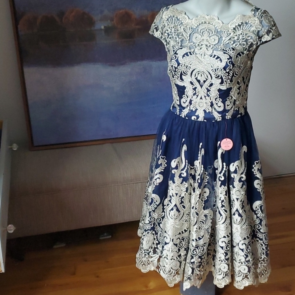 Chi Chi London Yazzy blue metallic lace dress, 8, NWT